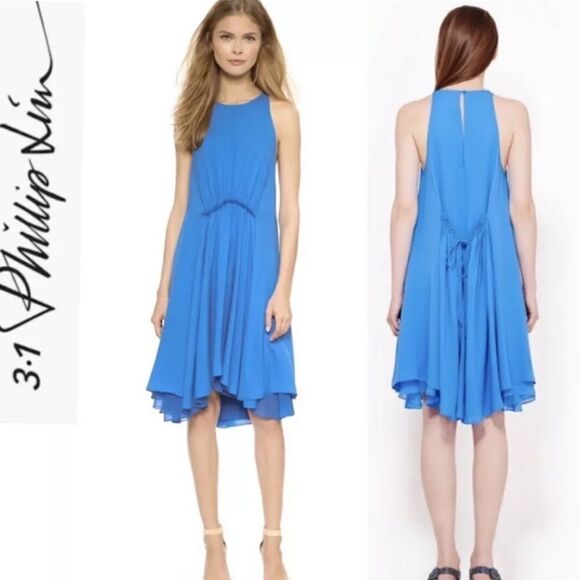 3.1 Phillip Lim Aegean Blue Silk Gathered Waist Dress (Size 8) - Picture 2 of 9